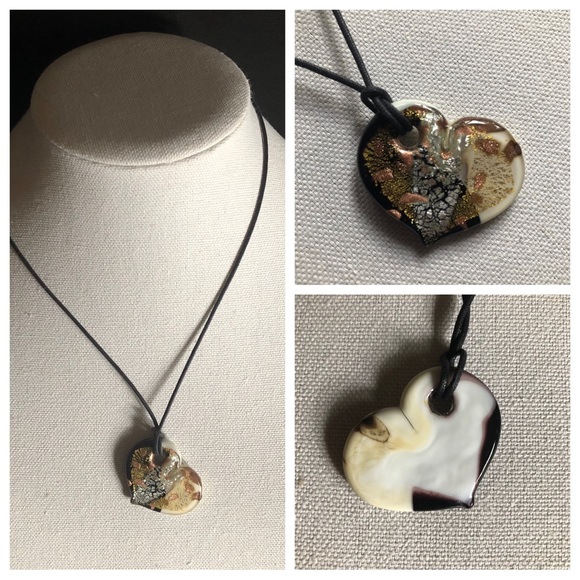 Jewelry - Murano Glass Heart Black & White with Gold, Silver, and Copper Crackle Glaze